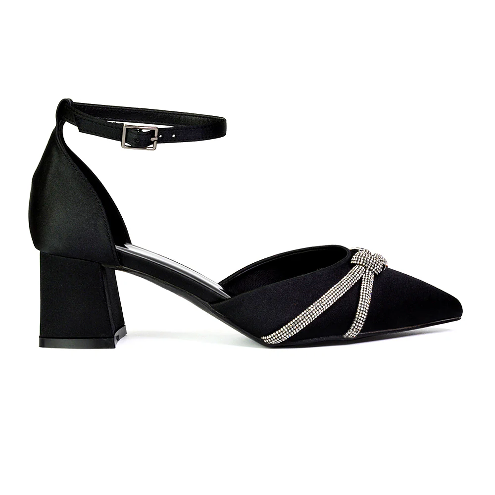 Gracie Diamante Strappy Mid Block Heel Sandals With a Pointed Toe in Brown Satin - Image 22