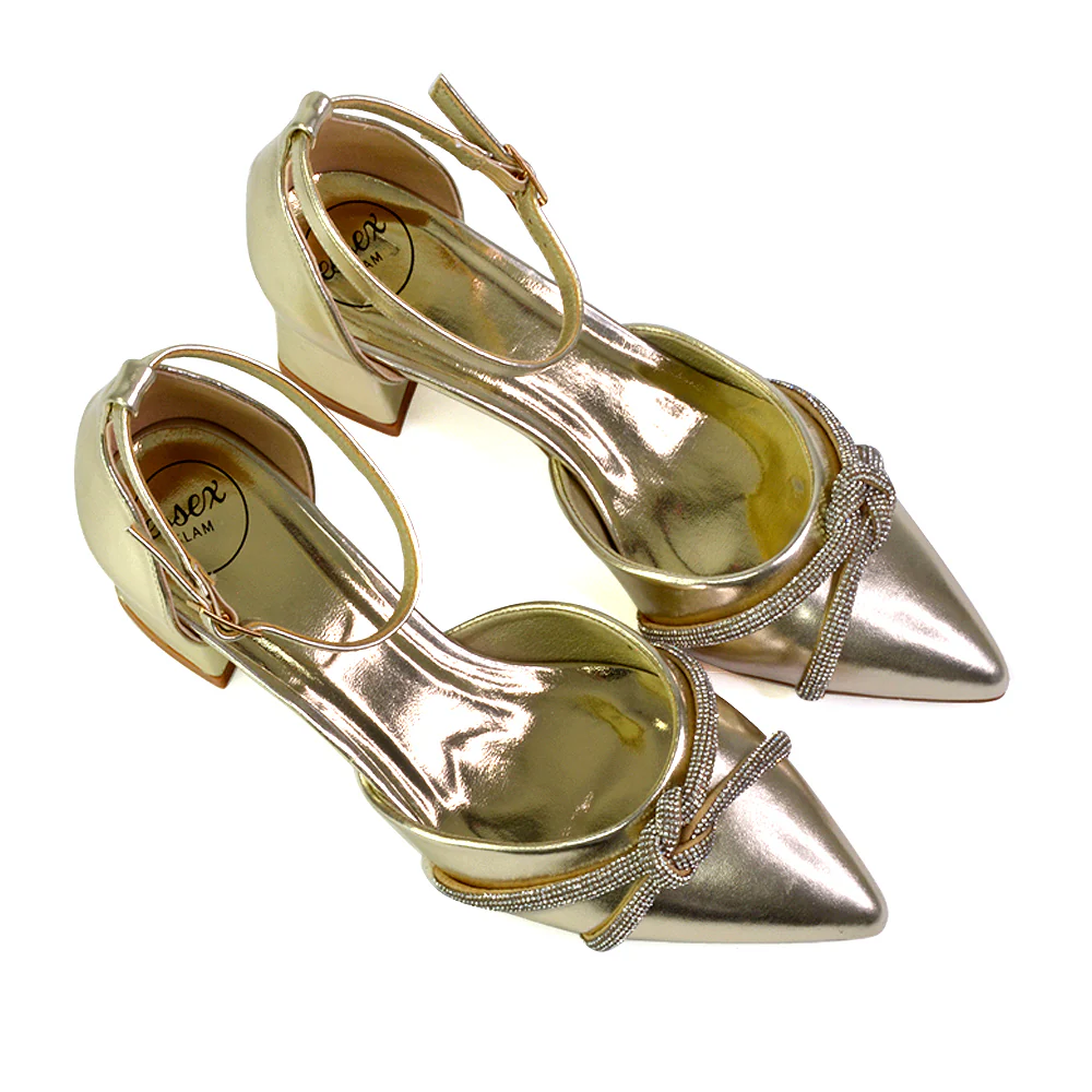 Gracie Diamante Strappy Mid Block Heel Sandals With a Pointed Toe in Brown Satin - Image 24