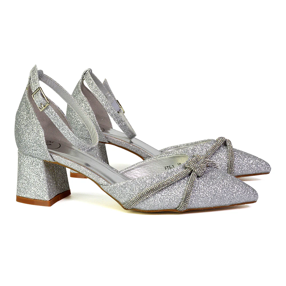 Gracie Diamante Strappy Mid Block Heel Sandals With a Pointed Toe in Gold - Image 8