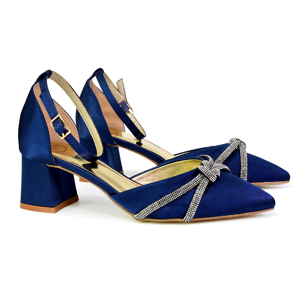 Gracie Diamante Strappy Mid Block Heel Sandals With a Pointed Toe in Navy - Image 4