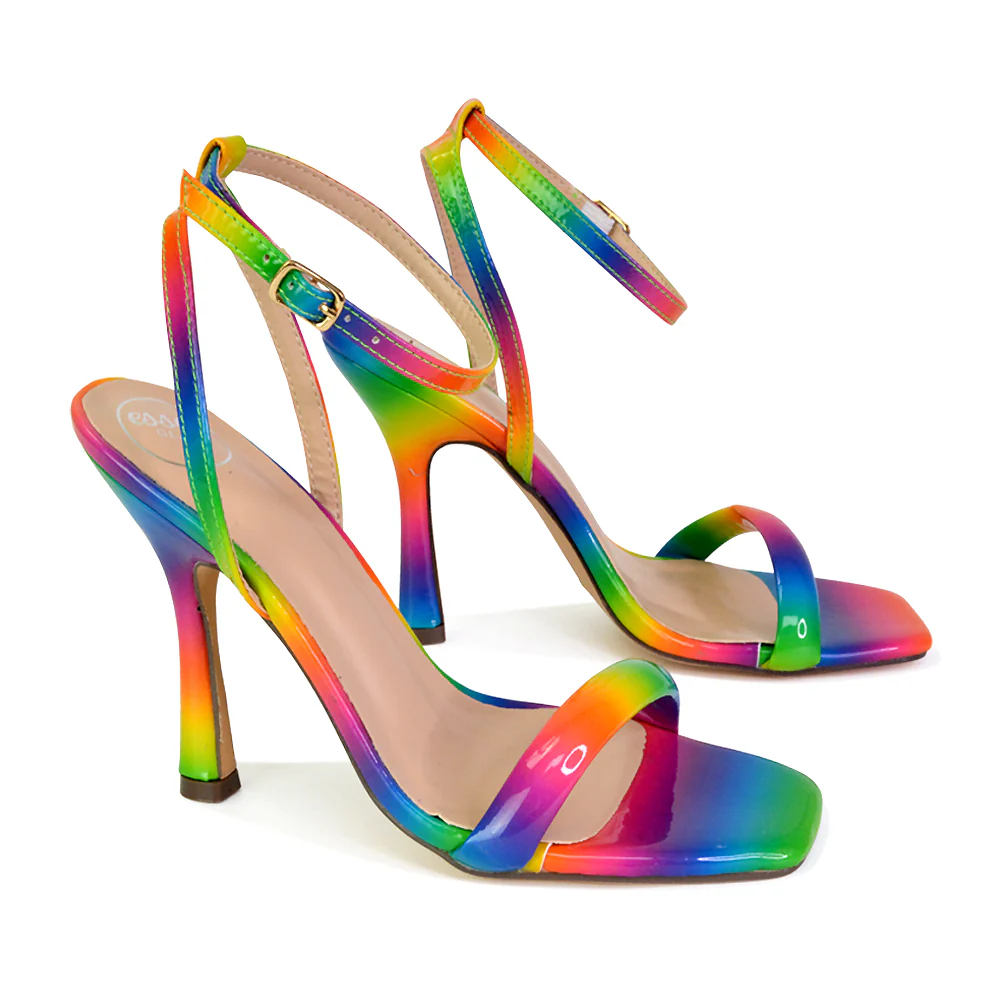 Greta Strappy Square Toe Barely There Stiletto High Heels in Black - Image 85