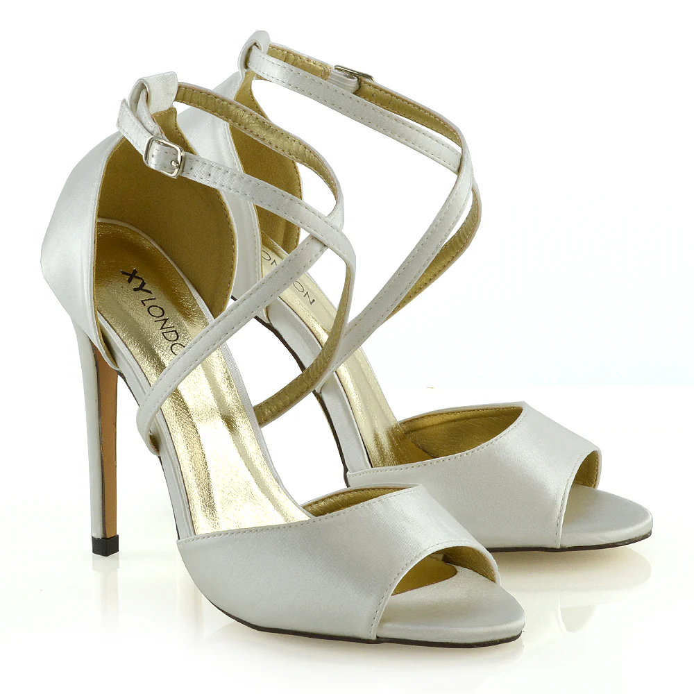 Gwen Cross Over Strappy Peep Toe Stiletto High Heel Bridal Shoes In Ivory Satin - Image 5