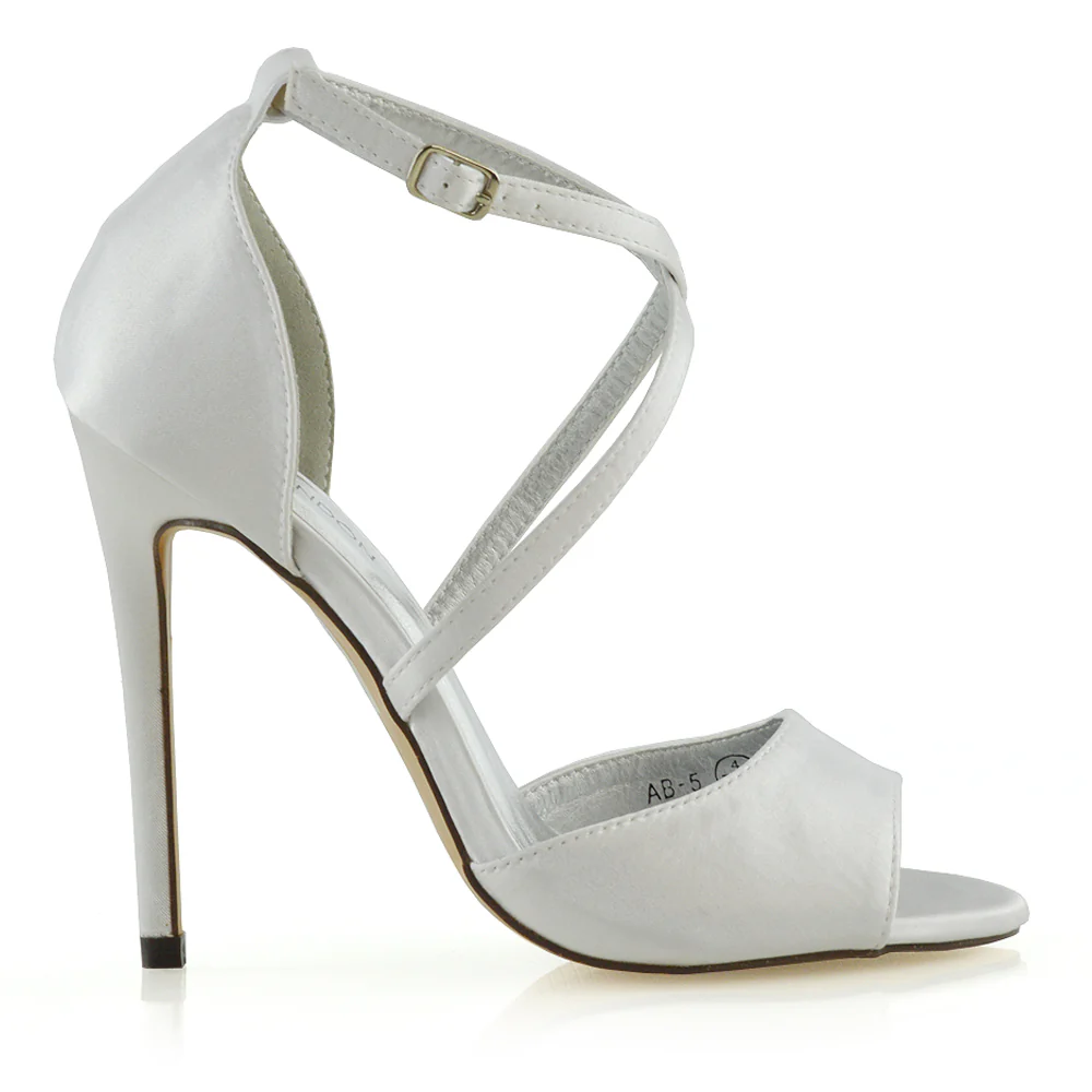 Gwen Cross Over Strappy Peep Toe Stiletto High Heel Bridal Shoes In White Satin - Image 2