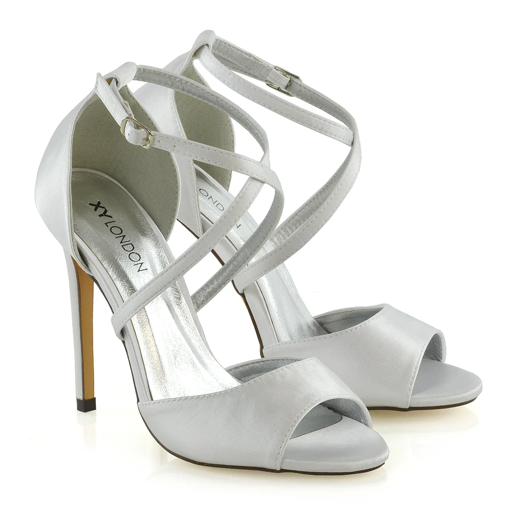 Gwen Cross Over Strappy Peep Toe Stiletto High Heel Bridal Shoes In White Satin - Image 5