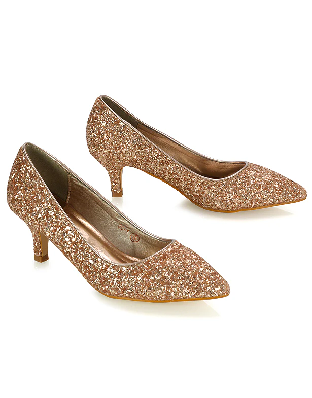 Gwyneth Womens Pointed Toe Stiletto Low Kitten Court Heel Pumps in Black Glitter - Image 140