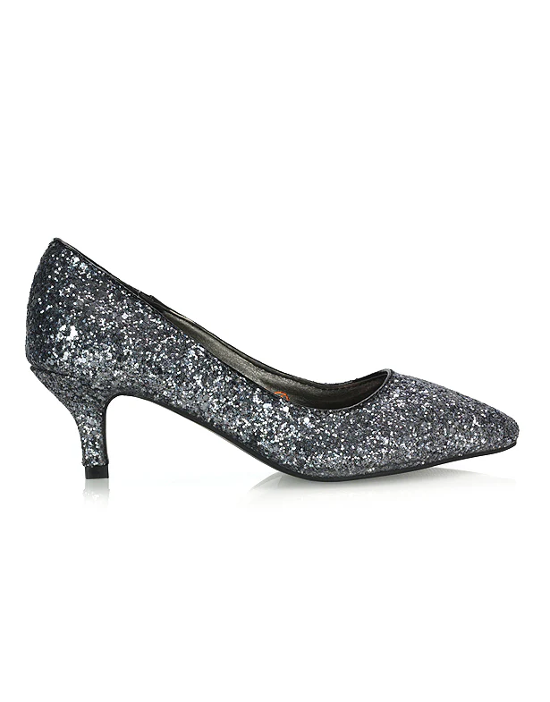 Gwyneth Womens Pointed Toe Stiletto Low Kitten Court Heel Pumps in Black Glitter - Image 19