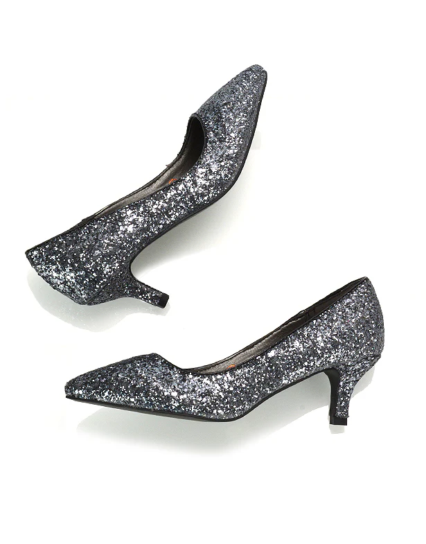 Gwyneth Womens Pointed Toe Stiletto Low Kitten Court Heel Pumps in Black Glitter - Image 35
