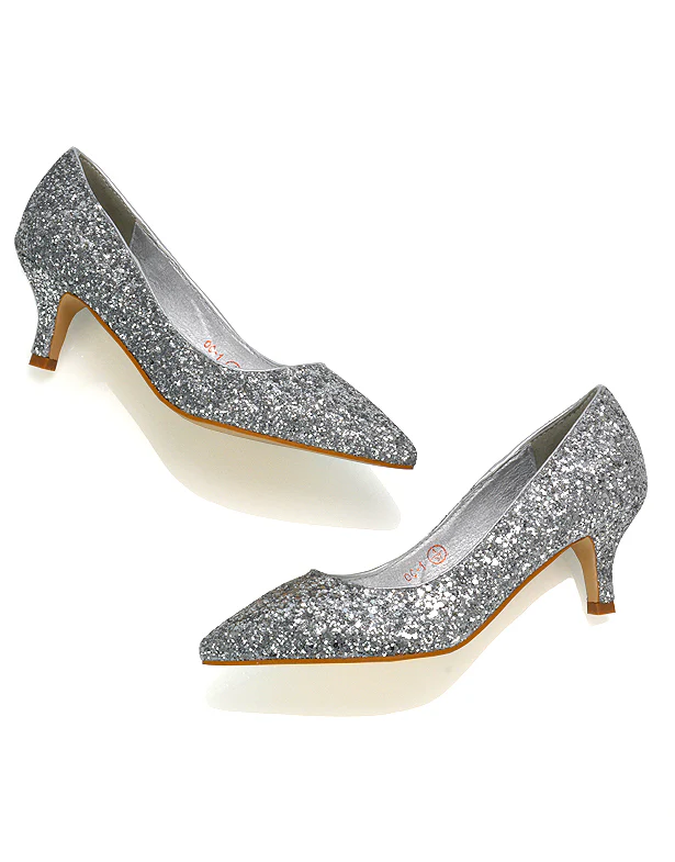 Gwyneth Womens Pointed Toe Stiletto Low Kitten Court Heel Pumps in Black Glitter - Image 88