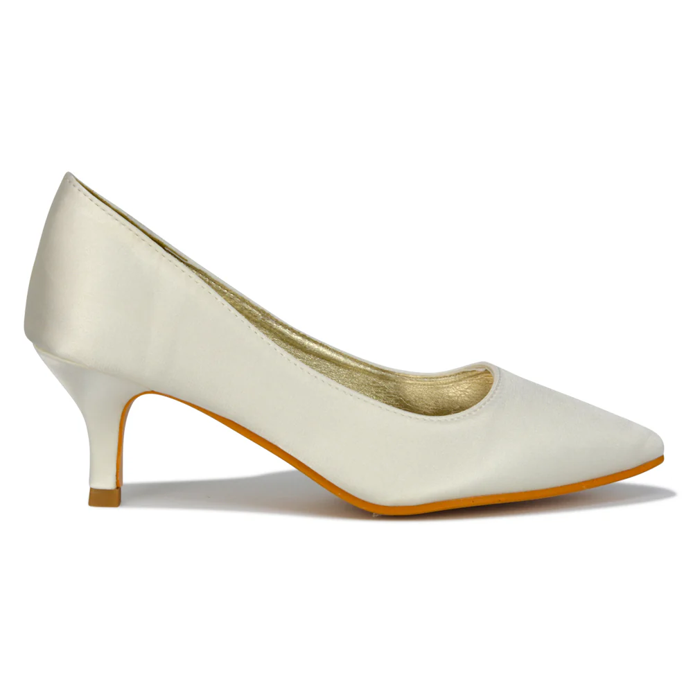 Gwyneth Womens Pointed Toe Stiletto Low Kitten Court Heel Pumps in Ivory Satin - Image 64