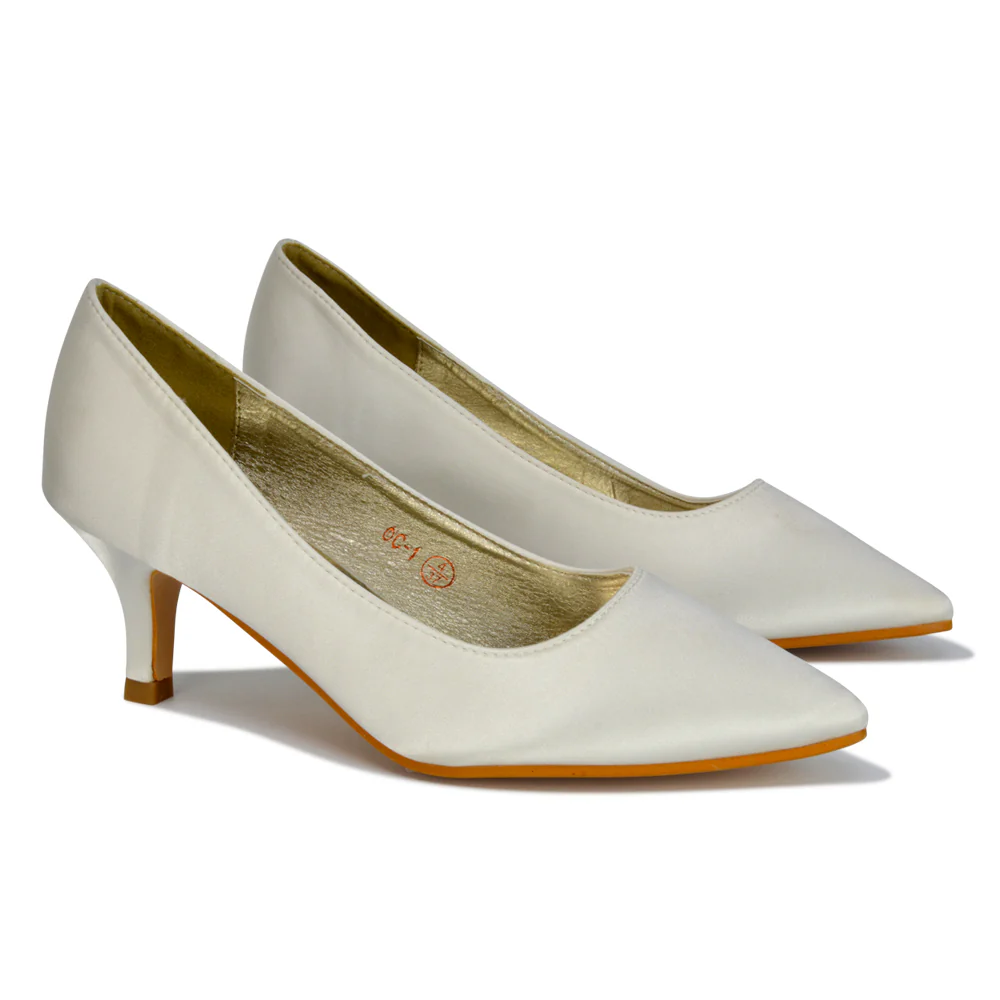 Gwyneth Womens Pointed Toe Stiletto Low Kitten Court Heel Pumps in Ivory Satin - Image 65