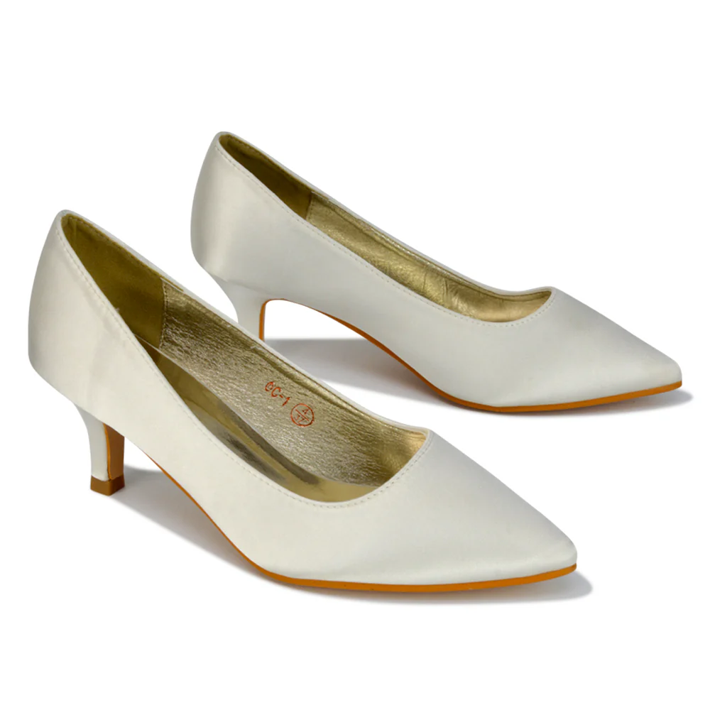 Gwyneth Womens Pointed Toe Stiletto Low Kitten Court Heel Pumps in Ivory Satin - Image 78