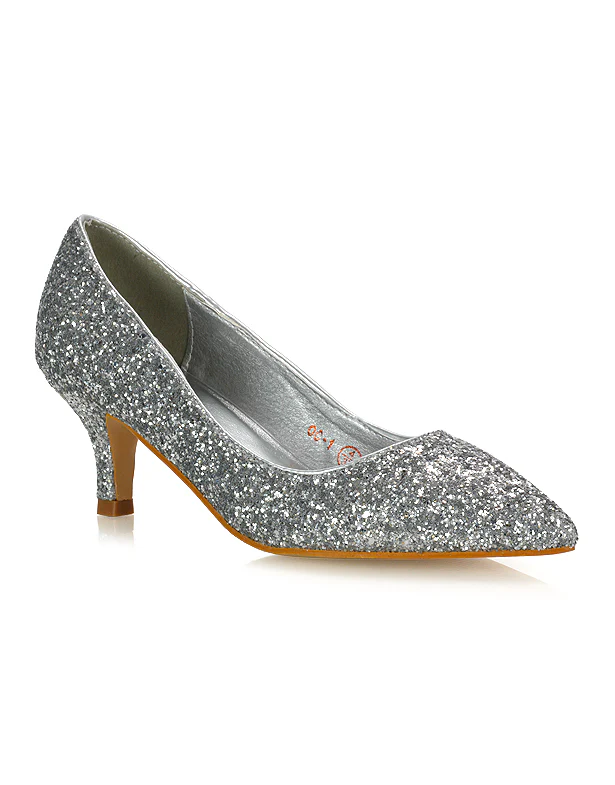 Gwyneth Pointed Toe Stiletto Low Kitten Court Heel Pumps in Silver Glitter - Image 37