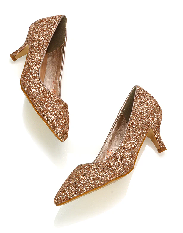 Gwyneth Pointed Toe Stiletto Low Kitten Court Heel Pumps in Silver Glitter - Image 74