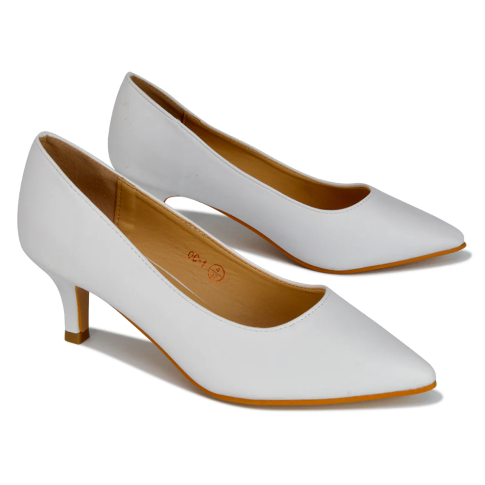 Gwyneth Pointed Toe Stiletto Low Kitten Court Heel Pumps in White Synthetic Leather - Image 47