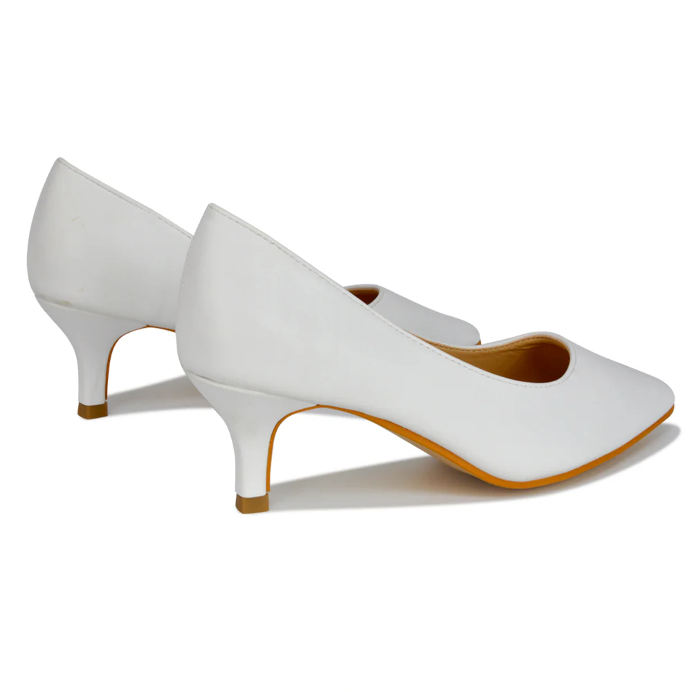 Gwyneth Pointed Toe Stiletto Low Kitten Court Heel Pumps in White Synthetic Leather - Image 50
