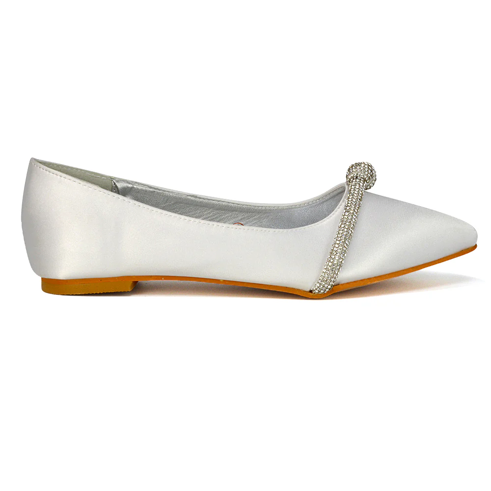 Halley Flat Heel Pointed Toe Sparkly Wedding Embellished Diamante Bridal Pumps in Ivory Satin - Image 23