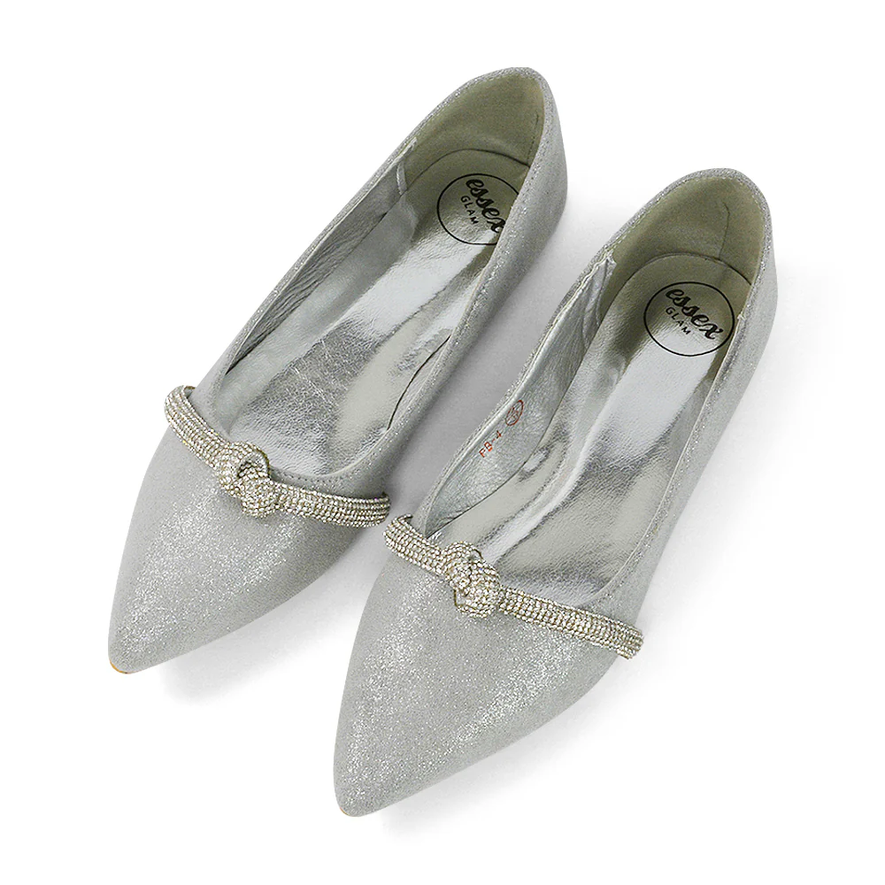 Halley Flat Heel Pointed Toe Sparkly Wedding Embellished Diamante Bridal Pumps in Pink Satin - Image 107