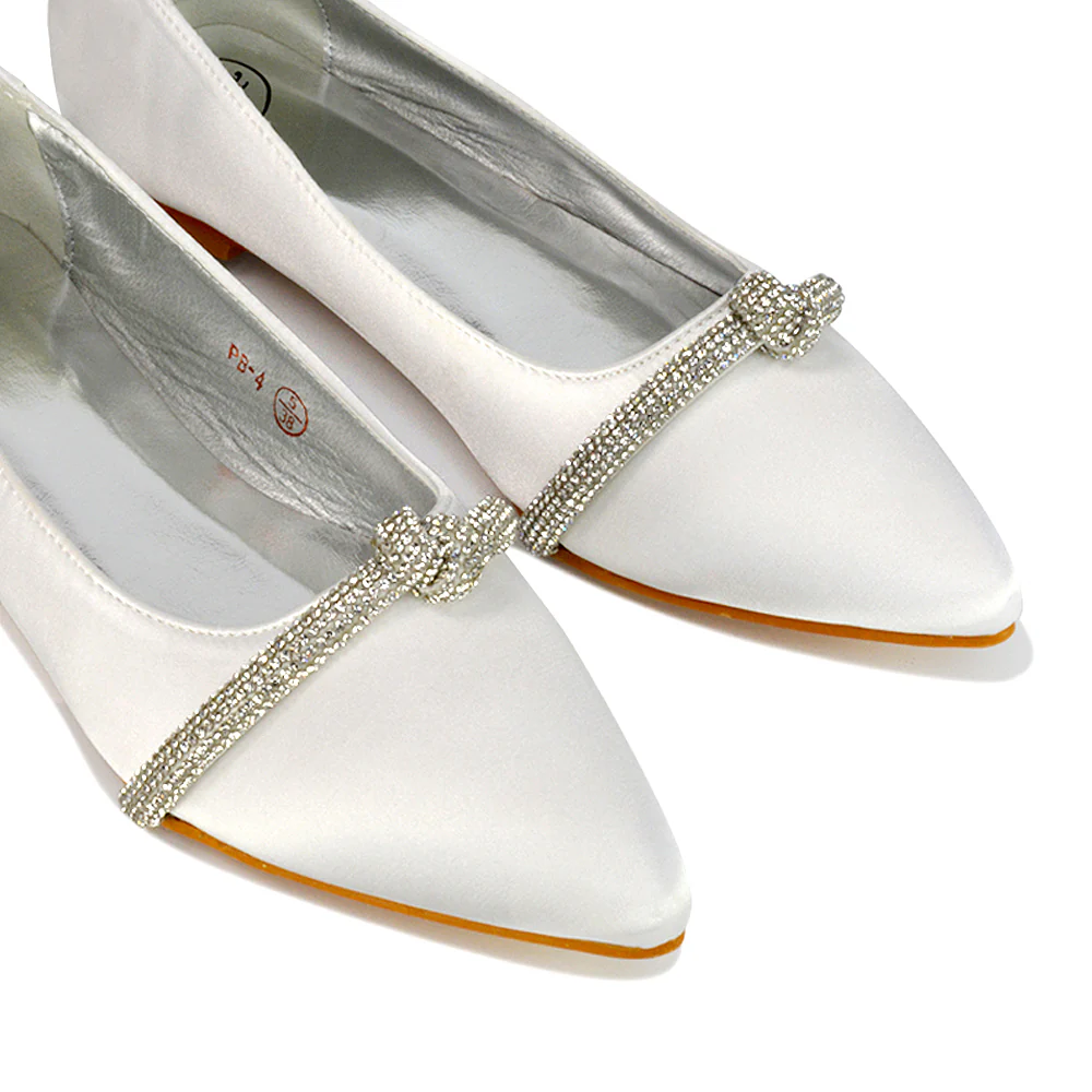 Halley Flat Heel Pointed Toe Sparkly Wedding Embellished Diamante Bridal Pumps in Pink Satin - Image 17