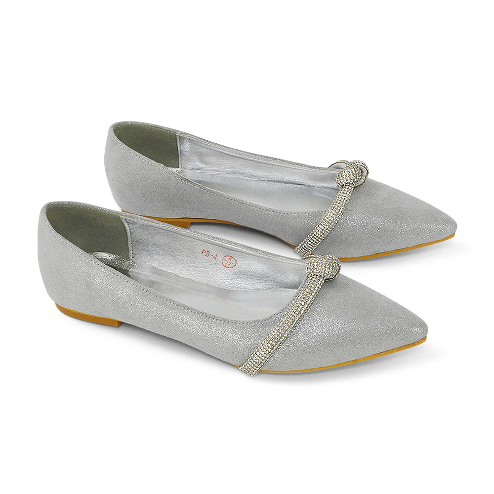 Halley Flat Heel Pointed Toe Sparkly Wedding Embellished Diamante Bridal Pumps in White Satin - Image 104