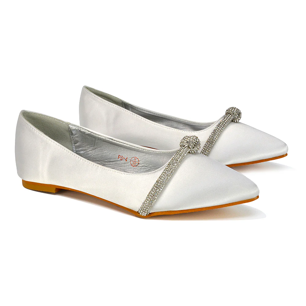 Halley Flat Heel Pointed Toe Sparkly Wedding Embellished Diamante Bridal Pumps in White Satin - Image 19