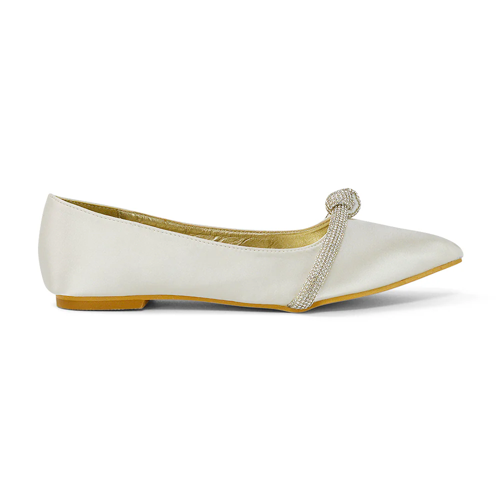 Halley Flat Heel Pointed Toe Sparkly Wedding Embellished Diamante Bridal Pumps in White Satin - Image 68