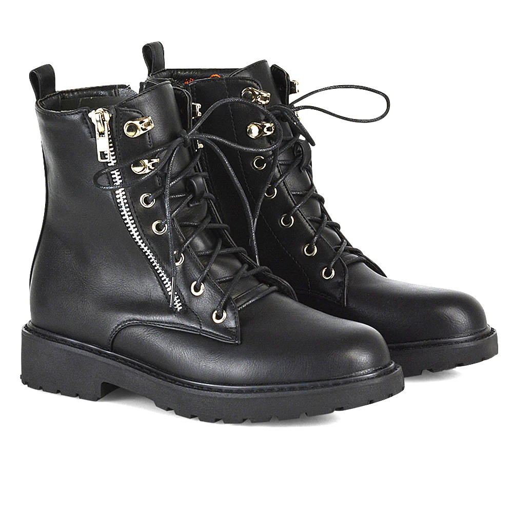 Halsey Flat Zip up Detail Chunky Sole Lace up Biker Ankle Boots In Black PU - Image 11