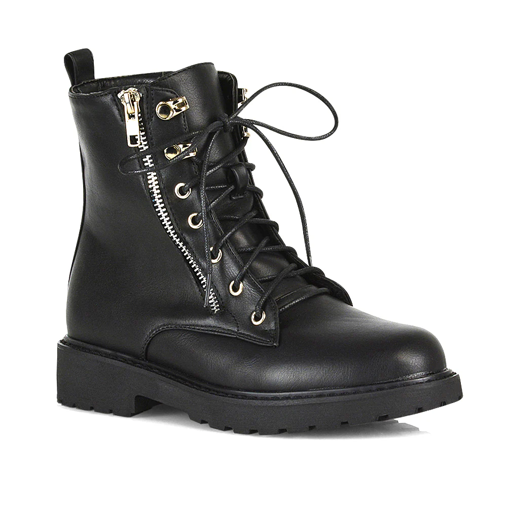 Halsey Flat Zip up Detail Chunky Sole Lace up Biker Ankle Boots In Black PU - Image 15