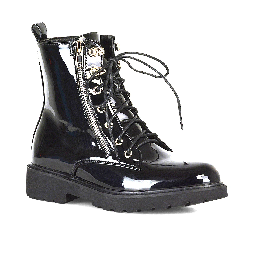 Halsey Flat Zip up Detail Chunky Sole Lace up Biker Ankle Boots In Black PU - Image 34