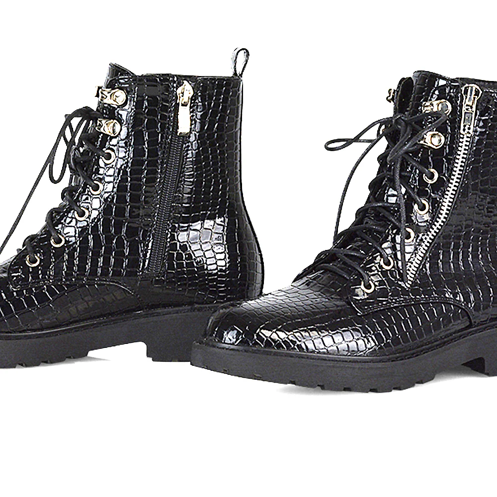 Halsey Flat Zip up Detail Chunky Sole Lace up Biker Ankle Boots In Black PU - Image 40
