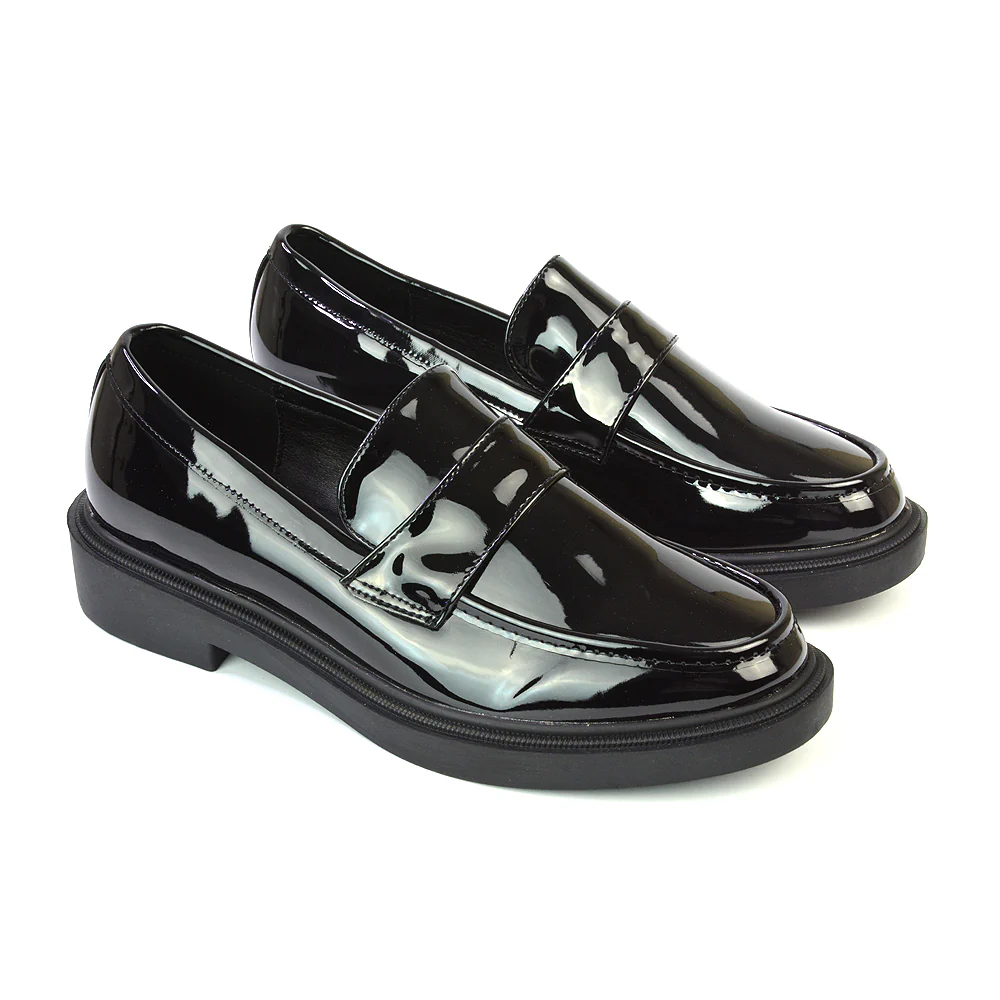 Hanah Chunky Loafers Flat Back To School Shoes In Black Patent - Image 14