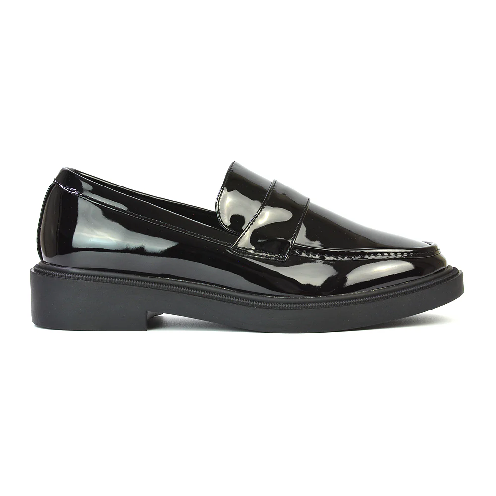 Hanah Chunky Loafers Flat Back To School Shoes In Black Patent - Image 18