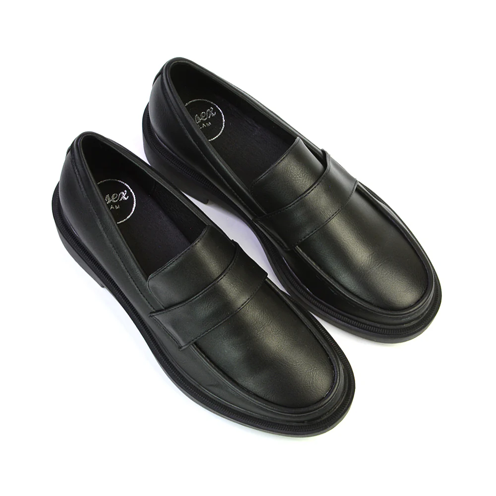Hanah Chunky Loafers Flat Back To School Shoes In Black Patent - Image 58