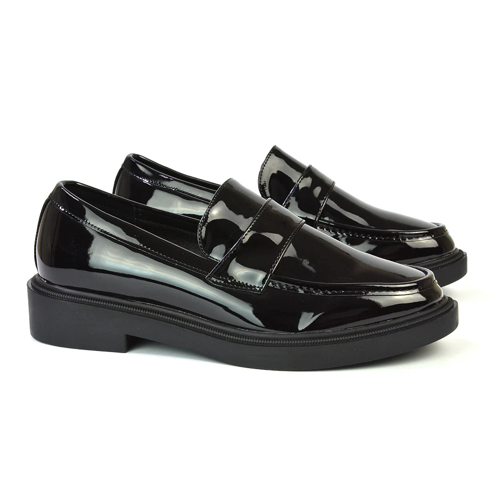 Hanah Chunky Loafers Flat Back To School Shoes In Black Synthetic Leather - Image 47