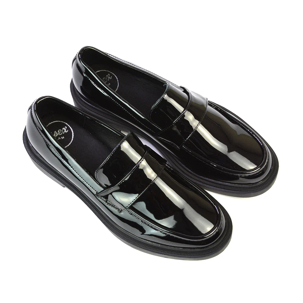 Hanah Chunky Loafers Flat Back To School Shoes In Black Synthetic Leather - Image 58