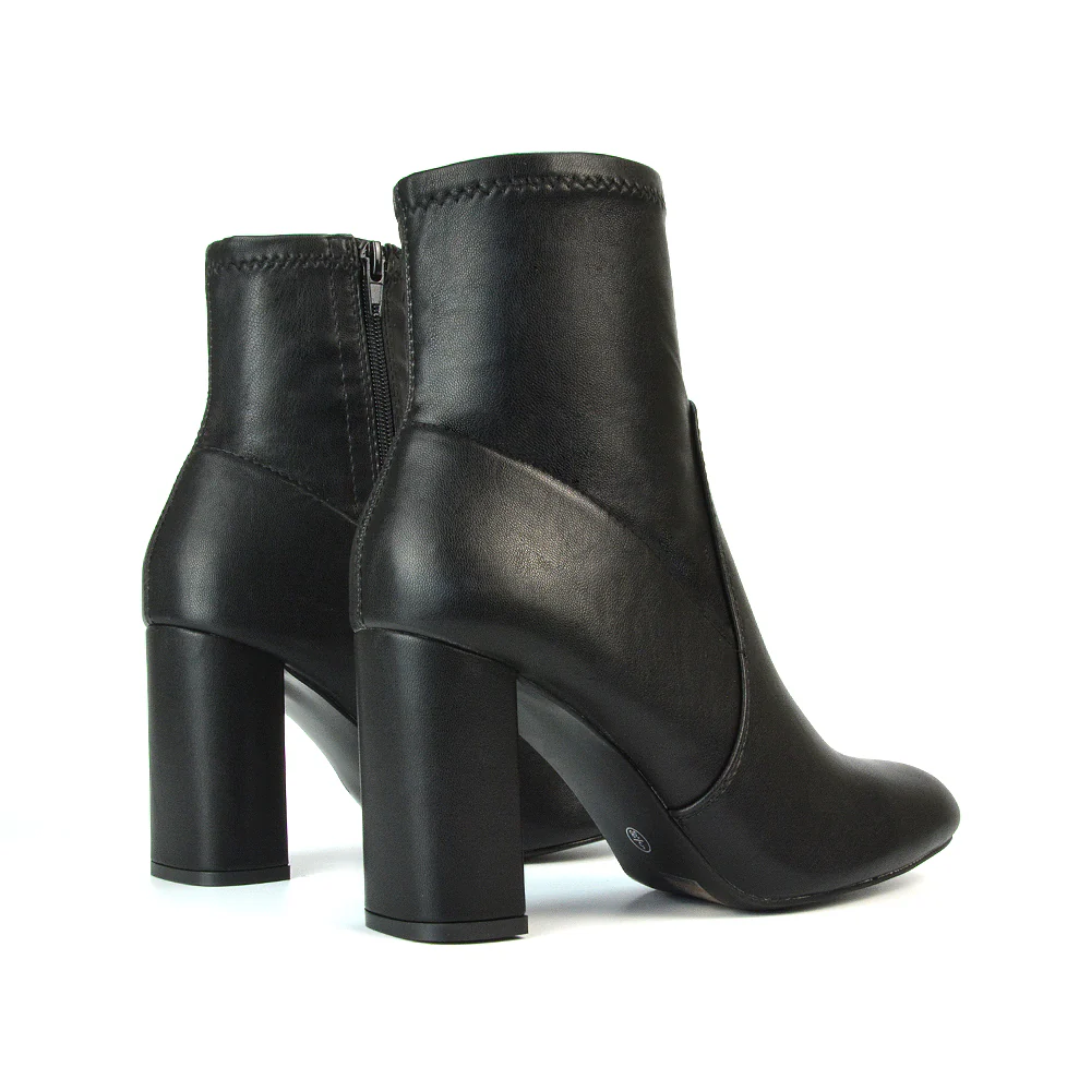 Harleigh Block High Heel Zip Up Sock Ankle Boots in Black Synthetic Leather - Image 3