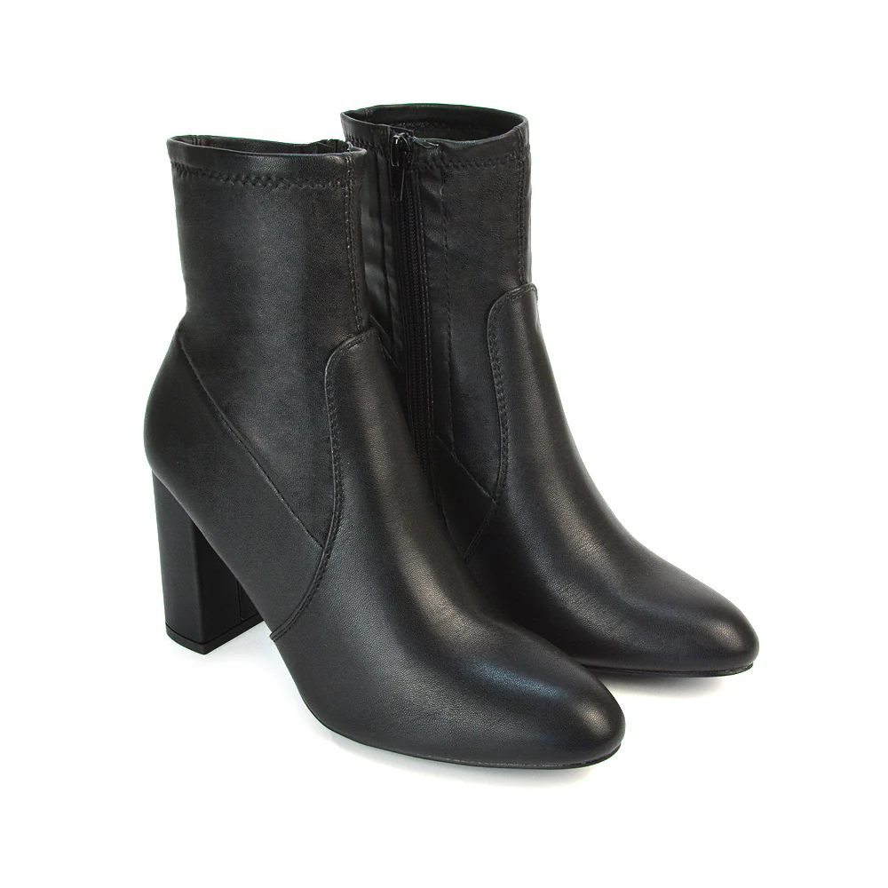 Harleigh Block High Heel Zip Up Sock Ankle Boots in Black Synthetic Leather - Image 4