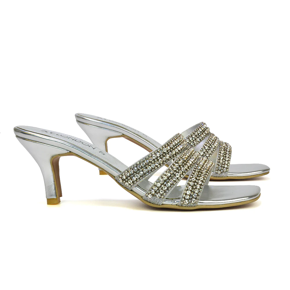 Harli Diamante Mid High Heel Stiletto Square Toe Mule Heels in Black - Image 16