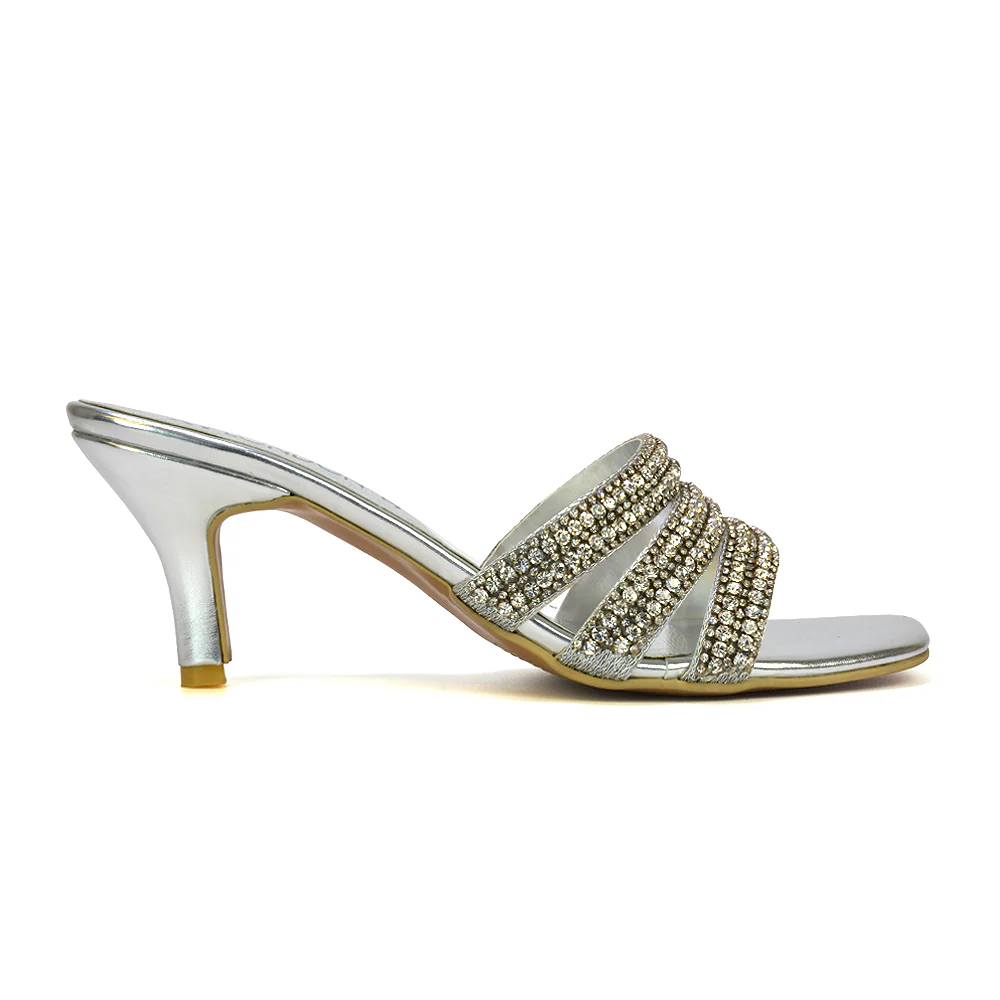 Harli Diamante Mid High Heel Stiletto Square Toe Mule Heels in Black - Image 33