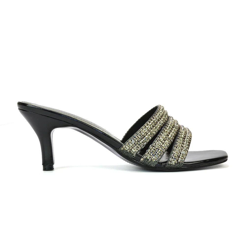 Harli Diamante Mid High Heel Stiletto Square Toe Mule Heels in Black - Image 73