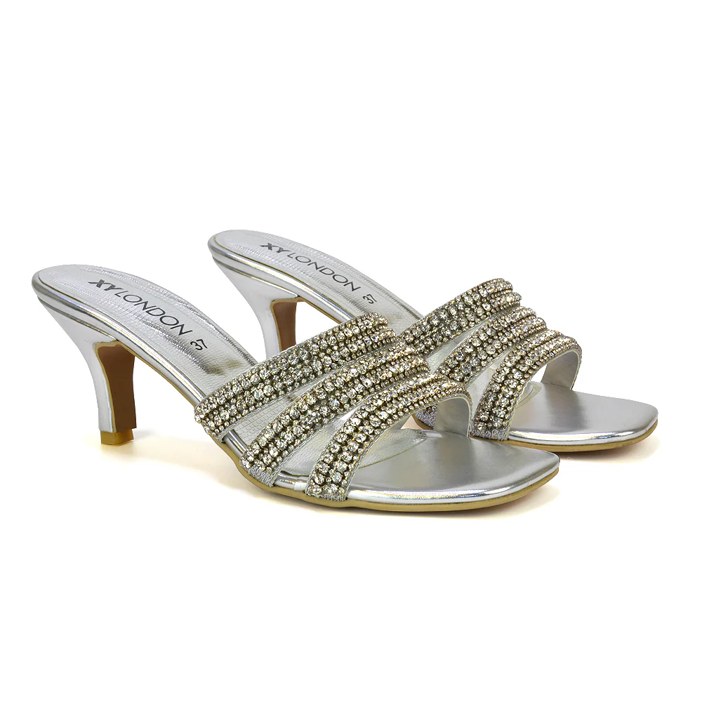 Harli Diamante Mid High Heel Stiletto Square Toe Mule Heels in Gold - Image 15