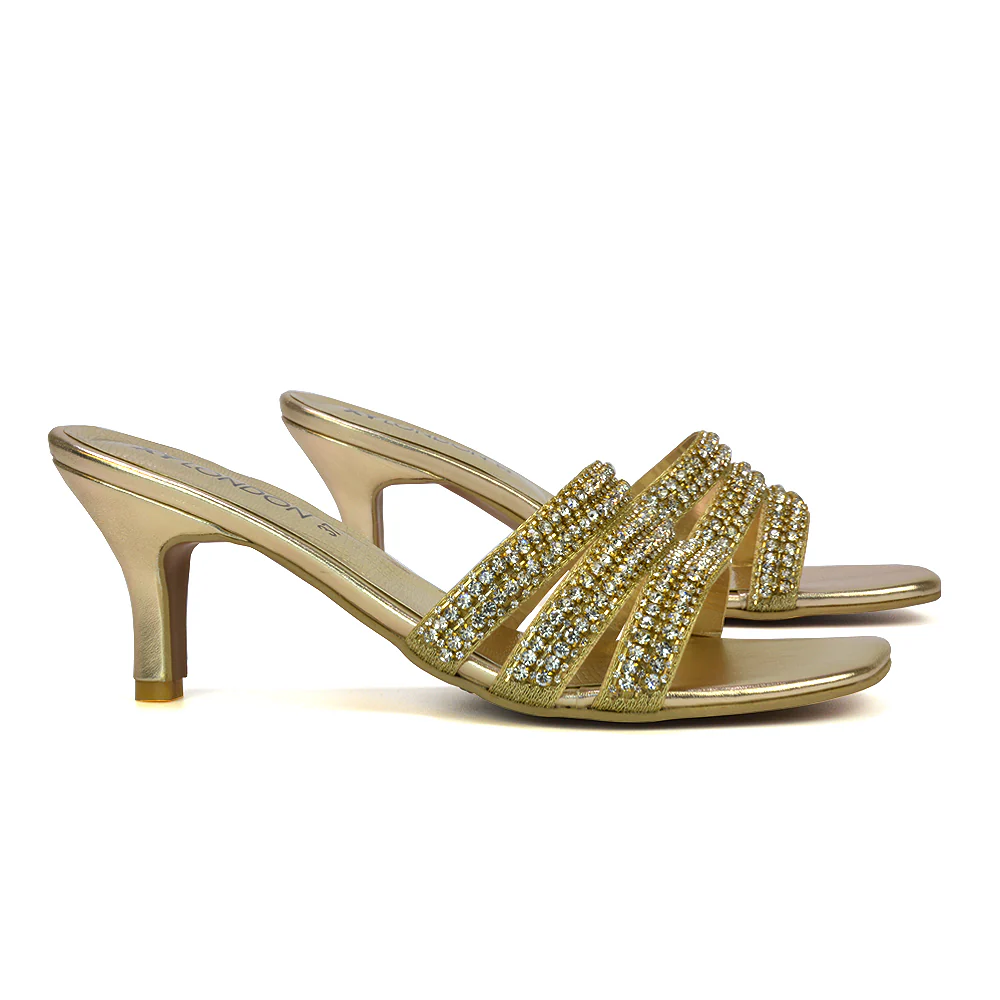 Harli Diamante Mid High Heel Stiletto Square Toe Mule Heels in Gold - Image 46