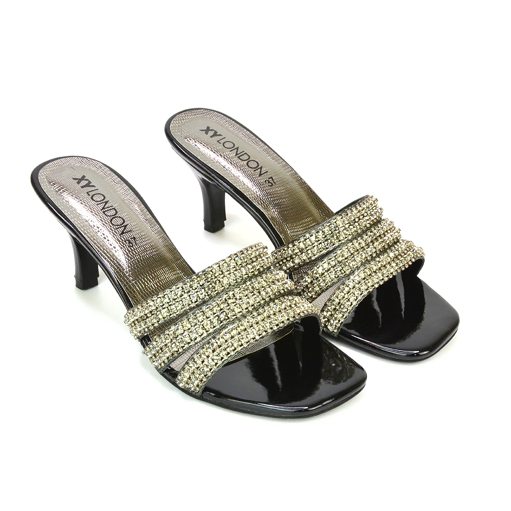 Harli Diamante Mid High Heel Stiletto Square Toe Mule Heels in Gold - Image 84