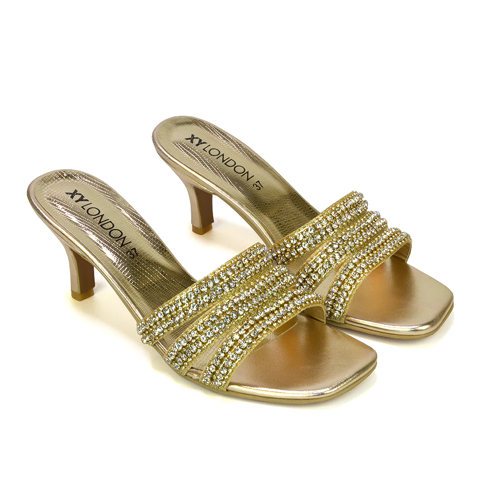 Harli Diamante Mid High Heel Stiletto Square Toe Mule Heels in Silver - Image 59