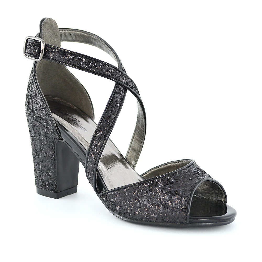 HARLOW CROSS OVER STRAPPY BUCKLE PEEP TOE BLOCK HIGH HEELS IN BLACK GLITTER - Image 20