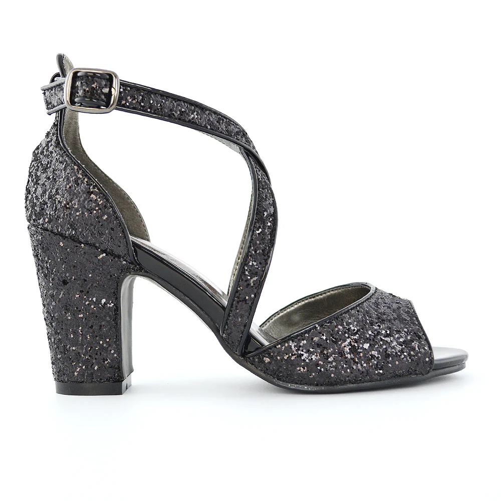 HARLOW CROSS OVER STRAPPY BUCKLE PEEP TOE BLOCK HIGH HEELS IN BLACK GLITTER - Image 6