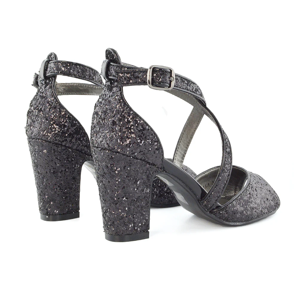 HARLOW CROSS OVER STRAPPY BUCKLE PEEP TOE BLOCK HIGH HEELS IN BLACK GLITTER - Image 7