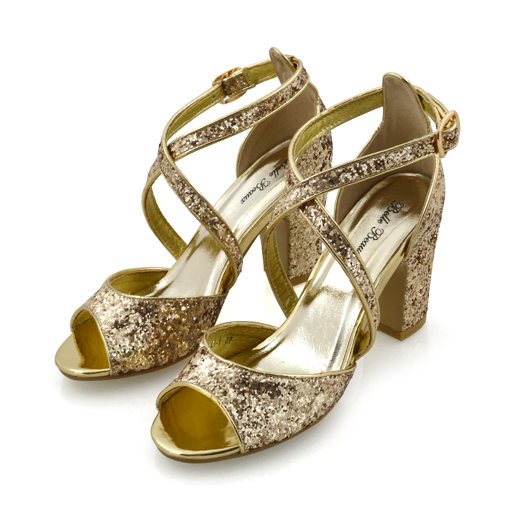 HARLOW CROSS OVER STRAPPY BUCKLE PEEP TOE BLOCK HIGH HEELS IN GOLD GLITTER - Image 4