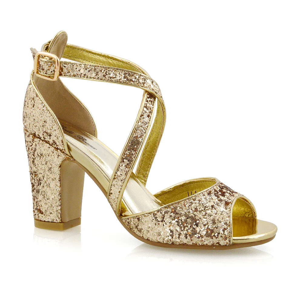 HARLOW CROSS OVER STRAPPY BUCKLE PEEP TOE BLOCK HIGH HEELS IN GOLD GLITTER - Image 5