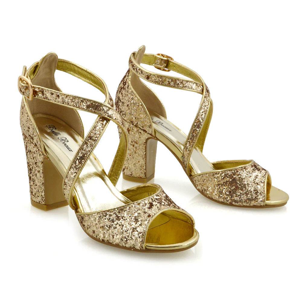 HARLOW CROSS OVER STRAPPY BUCKLE PEEP TOE BLOCK HIGH HEELS IN GOLD GLITTER - Image 7