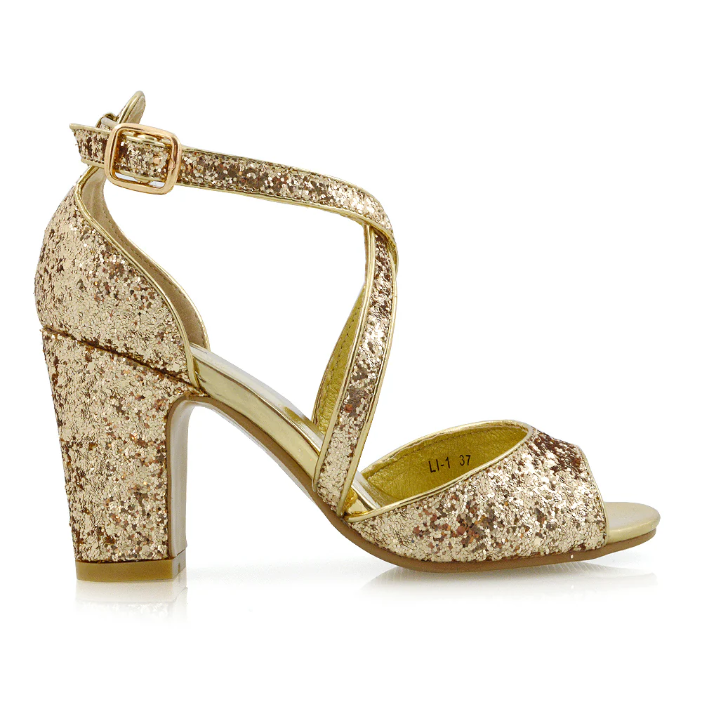HARLOW CROSS OVER STRAPPY BUCKLE PEEP TOE BLOCK HIGH HEELS IN GOLD GLITTER - Image 9